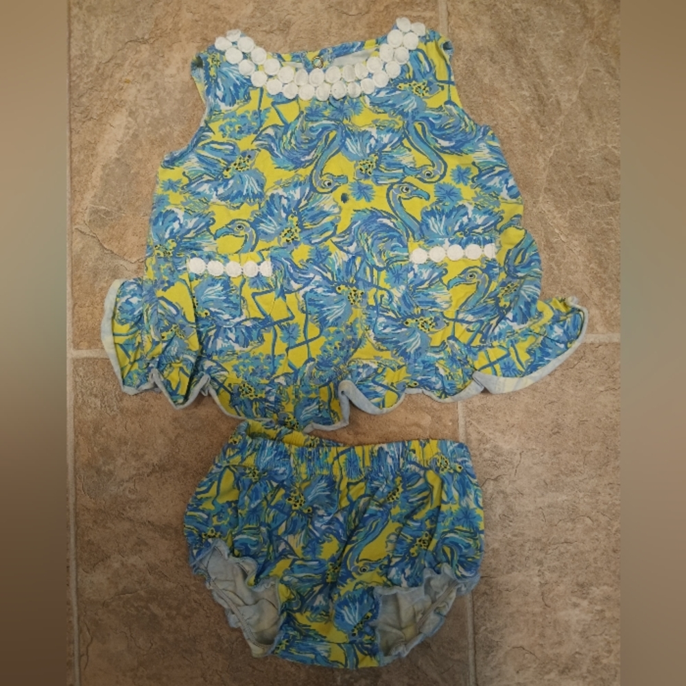 Crown and Ivy Infant Blue Flamingo Dress with Bloomers Size 18M